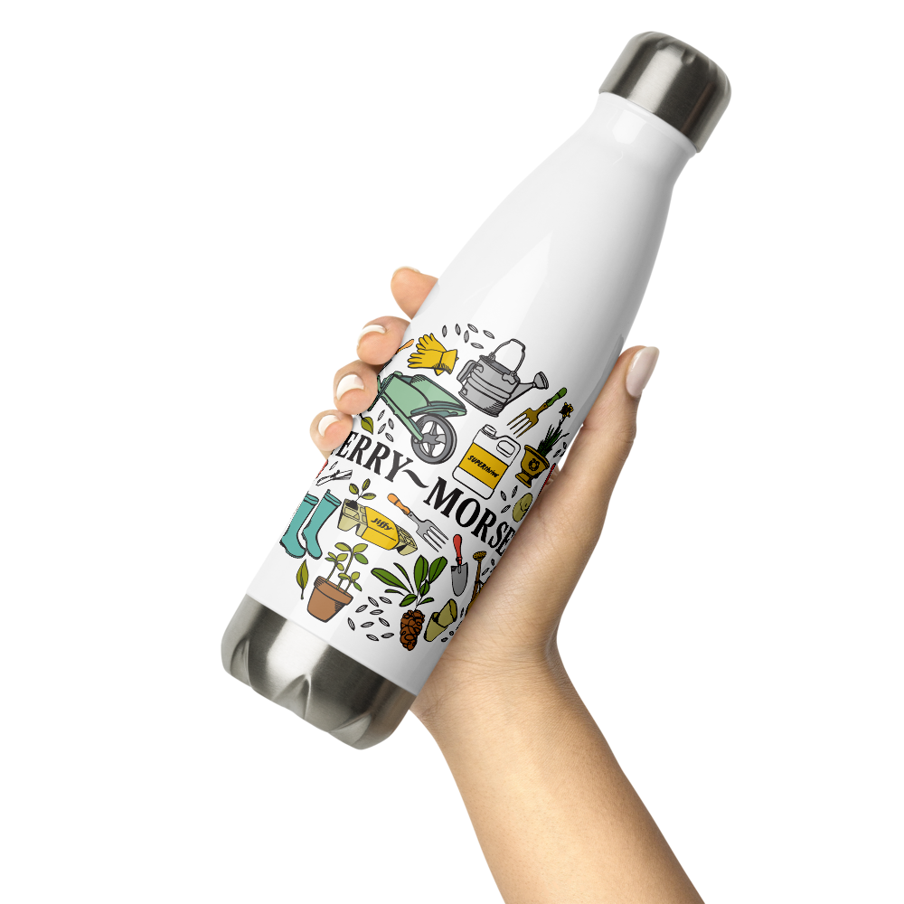 A white stainless steel water bottle with a colorful logo featuring various items and plants, and the text 'Ferry-Morse'.
